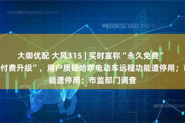 大御优配 大风315 | 买时宣称“永久免费” 用了四年要“付费升级”，用户质疑哈啰电动车远程功能遭停用；市监部门调查